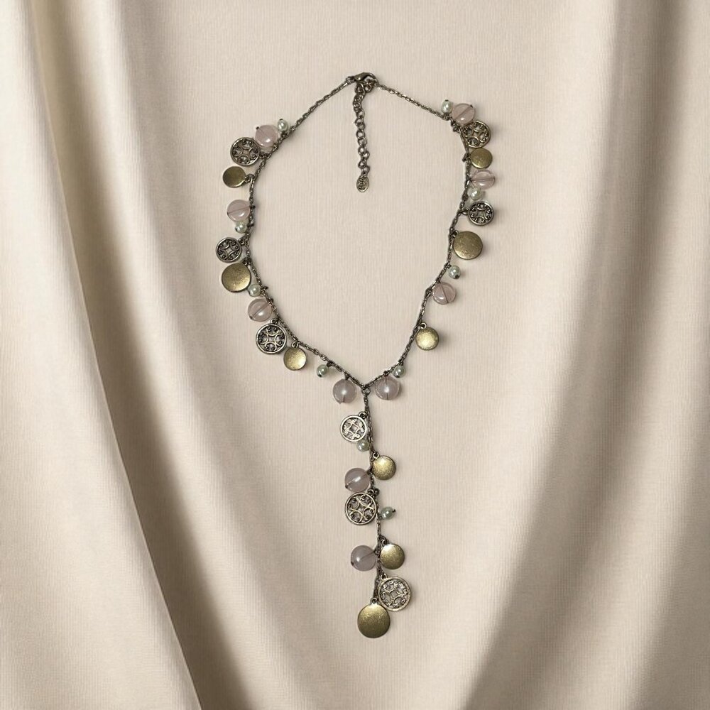 Bijoux Terner Rose Quartz Faux Pearl Y Drop Necklace Gold Tone 21" Adjustable